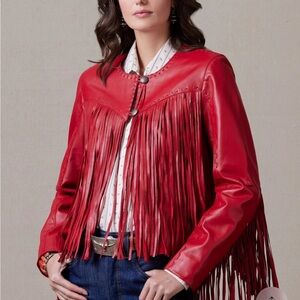 Double D Ranch Red Leather Fringe Jacket